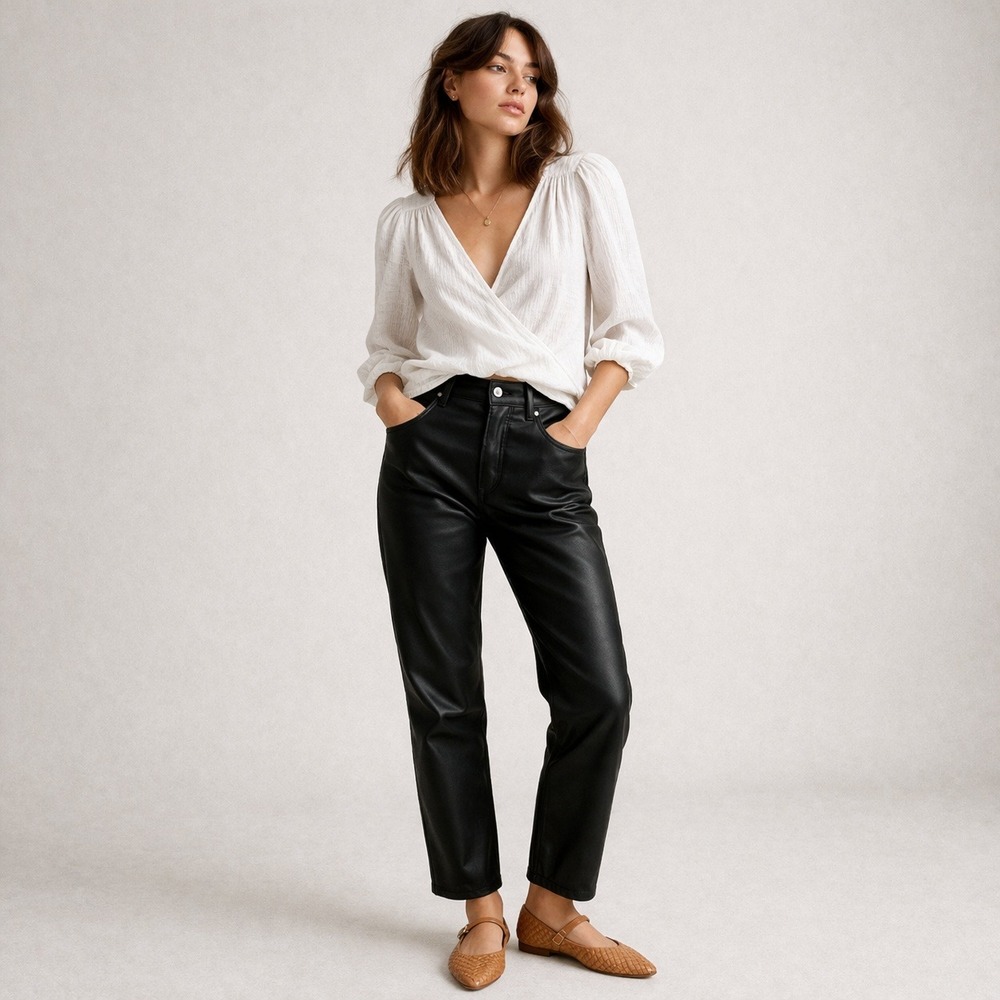 Free People We The Free Pacifica Faux Leather Pants Slim Straight Black 28